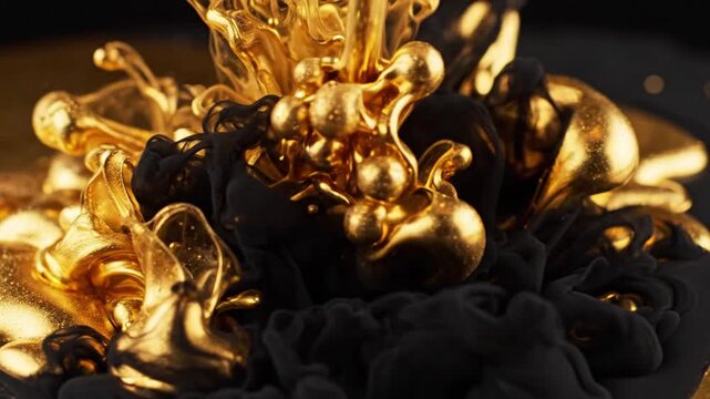 Abstract Splash of Metallic Gold and Matte Black Ink