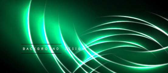 Abstract green lines create dynamic flow. Dark background enhances glowing effect, modern design element. © antishock