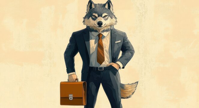 confident anthropomorphic wolf in navy suit with striped tie holding a brown briefcase, standing with hand on hip and tail visible against a textured beige background