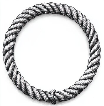 detailed monochrome braided rope forming a circular loop with a simple knot on a white background, calm minimalist composition