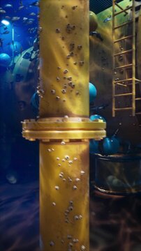 Realistic Underwater Sci-Fi Station Exterior 3D Render with School of Fish