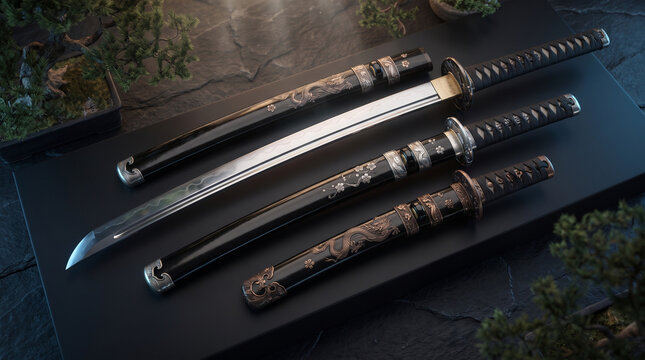 Traditional Samurai Sword Set with Ornate Dragon Scabbards