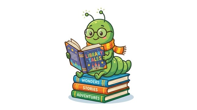 Cute green caterpillar mascot reading a book perched on top of three stacked volumes.