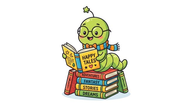 Cute bookworm cartoon character wearing glasses and scarf reading a happy tales book.