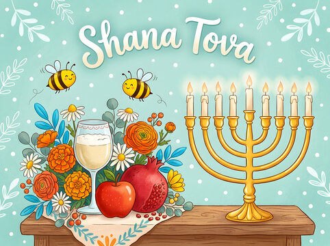 Happy Rosh Hashanah celebration with apples honey and menorah. Jewish New Year holiday table setting with traditional foods and festive decor.