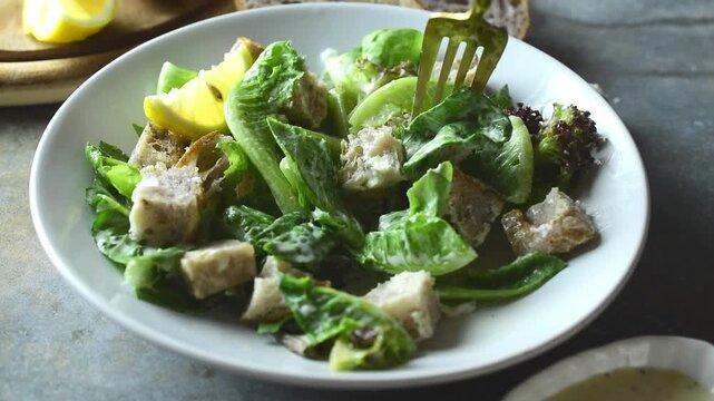 Close up of a fork spearing a fresh, delicious green caesar salad with crunchy croutons and vegetables in a bowl. Concept of organic healthy eating, dieting, and wellness lifestyle.
