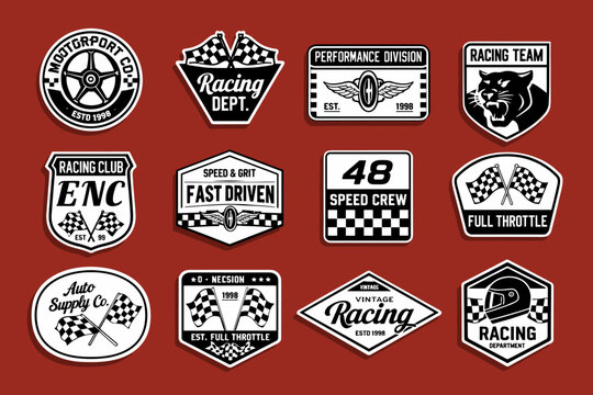 Vintage racing badges and automotive patches, set of 12 retro motorsport emblems, black and white garage decals for apparel and branding