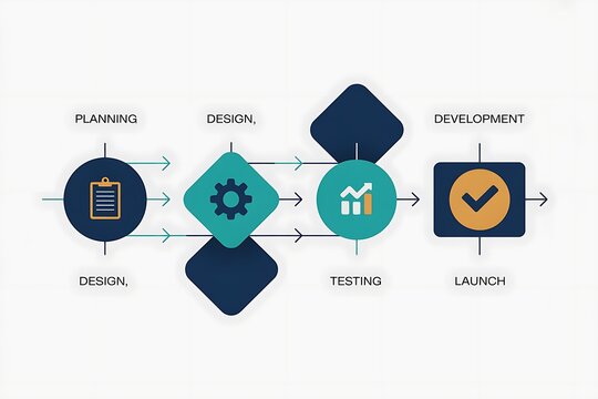 A professional infographic illustrates the process of planning, design, testing, and development.