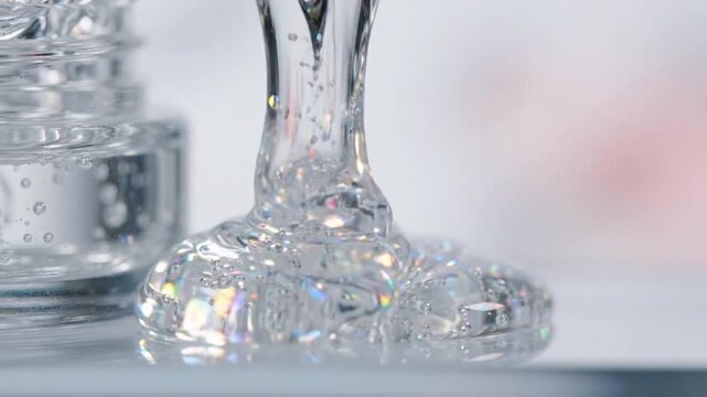 Macro Clear Cosmetic Gel Pouring with Iridescent Bubbles