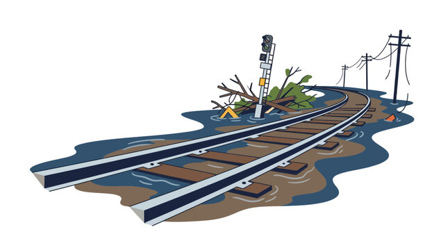 Flooded Railroad Tracks with Downed Signal and Storm Damage