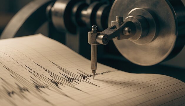 Seismograph Instrument Recording Earth Tremors On Grid Paper With Metallic Mechanical Stylus Mechanism