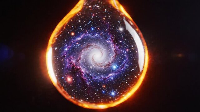 Spiral Galaxy Captured Inside a Glowing Water Droplet