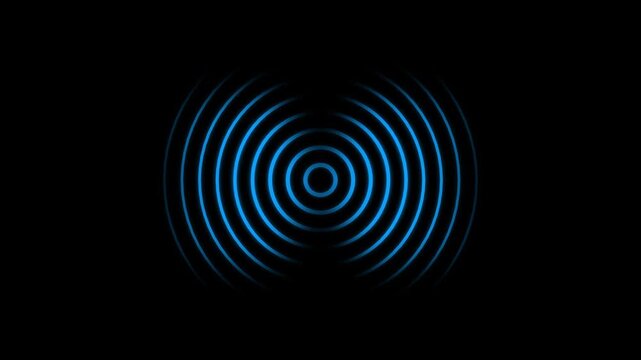 Concentric blue glowing rings emanating from a central point against a deep black background creating a visual representation of sound waves or ripples in a dark digital space