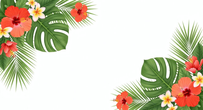 Tropical Hibiscus and Plumeria Flowers Frame Background with Copy Space