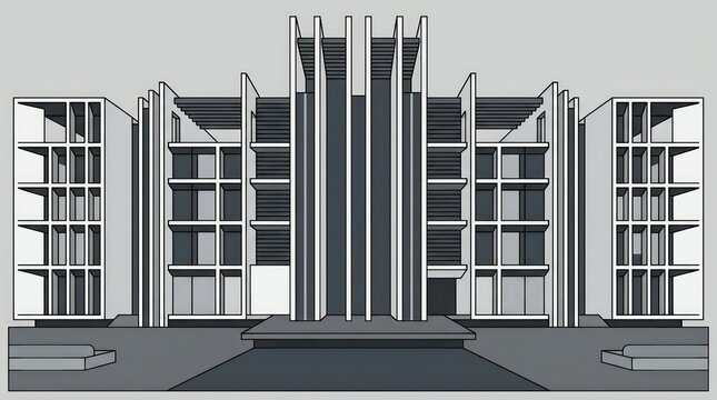 Symmetrical modern building facade with vertical fins and geometric architectural details.
