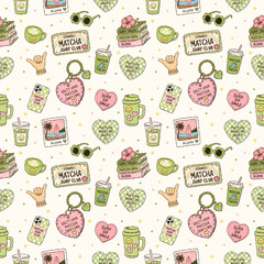Kawaii Matcha Surf Club Seamless Pattern with Coastal Summer Doodles © Saltyarts design