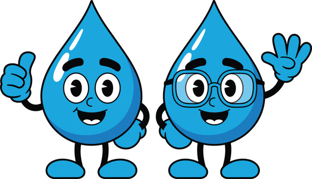 Cute cartoon water drop characters vector illustration, funny droplet mascot set showing thumbs up, eco conservation design