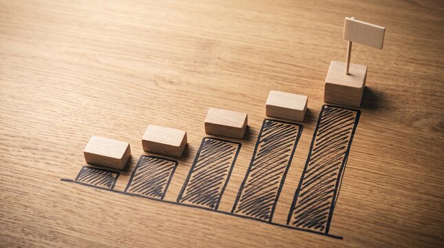 Wooden Blocks Growth Chart: A conceptual image depicting a wooden growth chart created with wooden blocks and a hand-drawn chart on a wooden surface, symbolizing progress and achievement.
