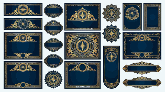 Vintage Nautical Labels & Emblems with Compass Rose - Ornate Gold & Blue Designs