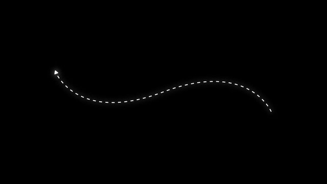 A white dashed line creating a flowing curve with a small arrow at its left end, set against a solid black background, illustrating a luminous dotted trail, a conceptual pathway, or a bright