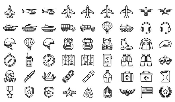 Minimal Military Line Icons Vector Collection with Tactical Gear and Army Equipment Symbols