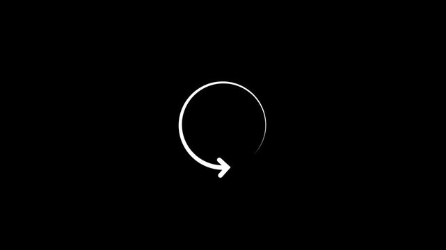 A simple white circular arrow symbol with an arrowhead pointing to the right indicating a refresh or reload action against a solid black background for digital interfaces and concepts Keywords