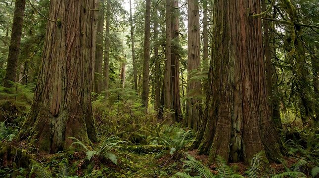 Ancient forest with towering redwood trees and lush green ferns