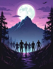 Naklejka premium Zombies walk mountain path under moon