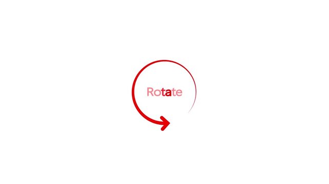A bright red circular arrow symbol with an arrowhead pointing right and the word Rotate in red text inside the circle on a clean white background for digital interfaces and concepts Keywords