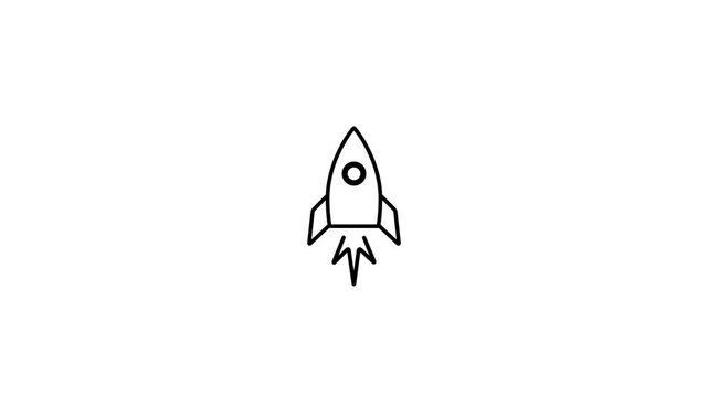 A minimalist black outline of a rocket ship launching with stylized flames emanating from its base against a clean white background representing space exploration and new beginnings
