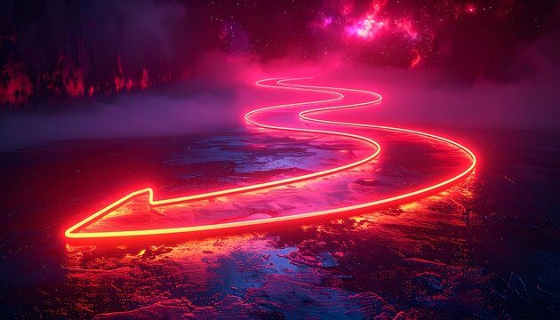Red neon arrow path glowing on wet ground with nebula in sky, futuristic direction concept