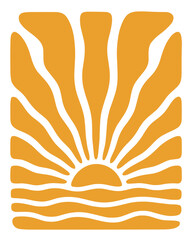 Fototapeta premium Sunrise over water with wavy lines orange and white abstract design element decorative symbol