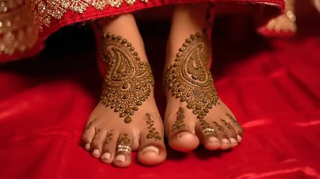 Close-up of a bride's feet adorned with intricate henna mehndi designs for a traditional Indian wedding celebration