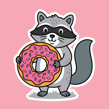 Cute grey raccoon holding giant pink glazed donut with colorful sprinkles, funny hungry animal sticker