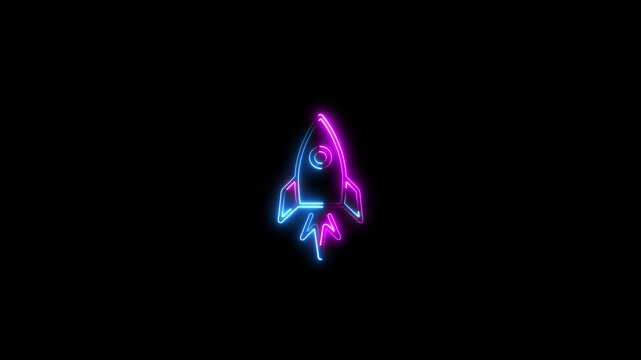 A vibrant neon outline of a rocket ship in pink and blue hues launching with stylized flames against a dark black background evoking futuristic travel and digital