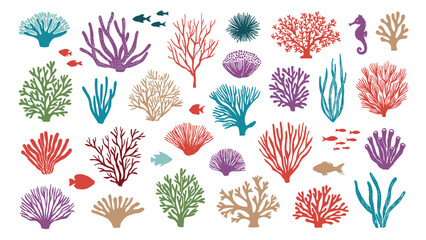 Collection of hand-drawn coral reef including various species of colorful corals, sea fans, tube sponges, sea urchins, a seahorse, and small fish silhouettes on a white background © MadhobiRani