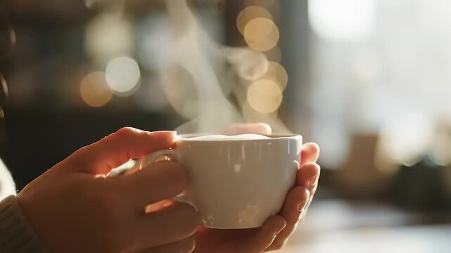 Hands holding a steaming cup of hot coffee with soft bokeh background