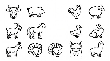 Obraz premium Farm and Domestic Animals Line Art Icons Set. Collection of Livestock, Pets, and Poultry including Cow, Pig, Horse, Sheep, Chicken, Llama, Rabbit, and Turkey Outlines on White.