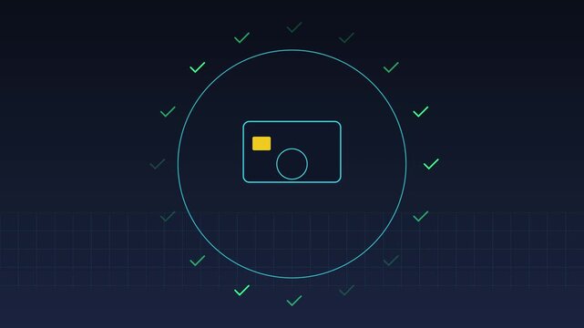 Digital credit card payment success animation with animated checkmarks for secure online transaction and banking interface 4k