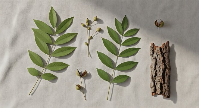 Flat lay composition featuring copaifera officinalis leaves, woody bark pieces, and small botanical fruits arranged symmetrically on a light linen fabric background