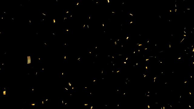 Gold festive confetti explosions fall on a black and green background.
golden confetti explosion black background 3d animation. gold confetti slow motion overlay. Alpha animation. Slow motion.