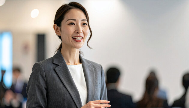 セミナーや会社説明会で聴衆を前に笑顔でプレゼンテーションをするスーツの女性講師
