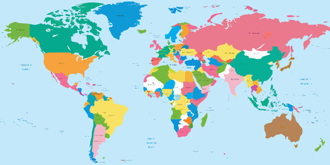 colorful flat design political world map with distinct country borders geography global continents oceans cartography mapmaking international territories regions atlas © Sanjit