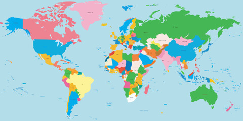 Naklejka premium political world map colorful flat design on light blue background geography country borders global vector continent earth geographic illustration graphic