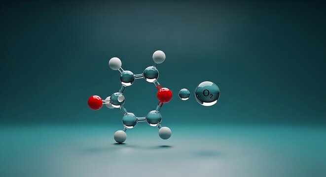 A 3d render of a furanone derivative molecule undergoing decarboxylation in a laboratory context with an oxygen molecule represented as a clear sphere