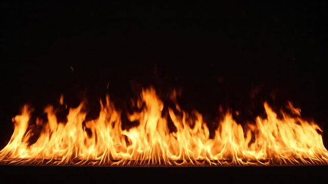 Continuous line of bright orange fire flames burning against a black background