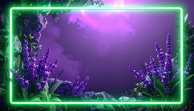 Pixelated lavender field with glowing neon frame, purple smoky sky, ethereal, magical nature backdrop