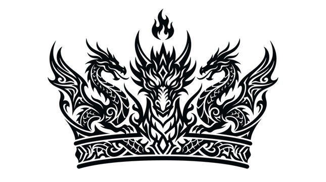 Detailed multi dragon head crown black silhouette.