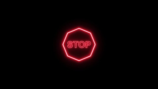 Glowing Stop Symbol in Neon Style. Futuristic Red Stop Sign Warning Icon. Red Neon Stop Sign Icon on Black Background