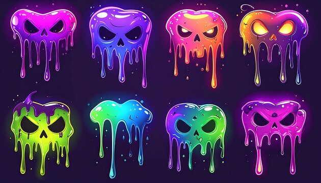 Set of eight pixel art dripping skull icons in various neon colors, spooky, Halloween, horror